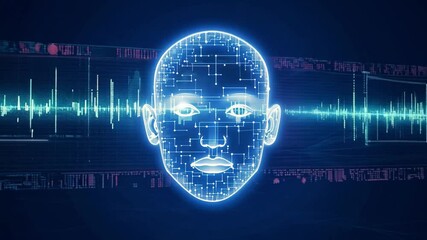 Poster - A digital human head with circuitry is depicted on a blue background, with an audio waveform running across the center.