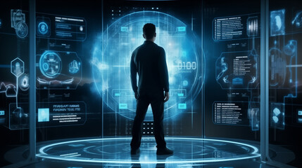 Silhouette of man in futuristic digital interface with holographic display