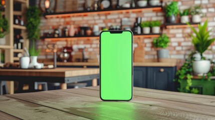 Mobile phone on kitchen table with green screen display and mock up using chroma key monitor