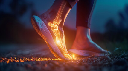 Wall Mural - closeup of a woman with ankle joint pain. she is holding her foot. the ankle joint pain is visualized as glowing bones. used for a health website.generative ai