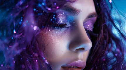 Wall Mural - Close Up Of Woman With Purple Glitter Eyeshadow And Hair