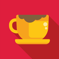 Poster - Yellow coffee cup standing on a yellow plate with a long shadow, simple flat design of a hot beverage on a red background