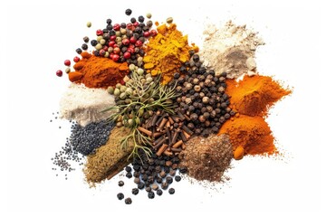 Aufkleber - A selection of various spices and herbs arranged on a white surface