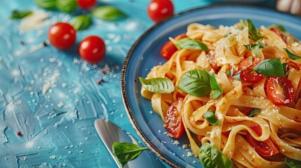 The classic tagliatelli pasta with tomato sauce is served on a blue plate Italian dish with tomatoes basil parmesan and pasta