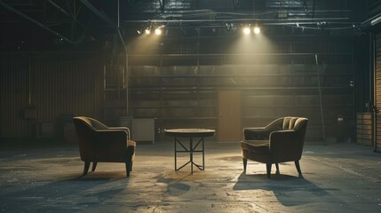 Poster - Dark room with two chairs and a table, great for mystery or thriller scenes