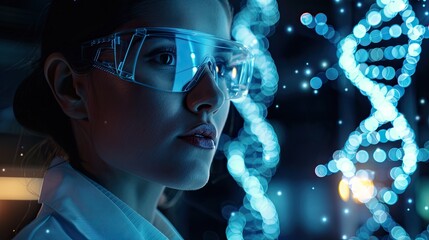 Female scientist investigating chromosomes carrying long DNA fragments by observing the double helix three dimensionally using display technology