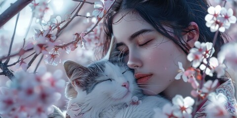 Poster - A woman is cuddling a cat in a tree