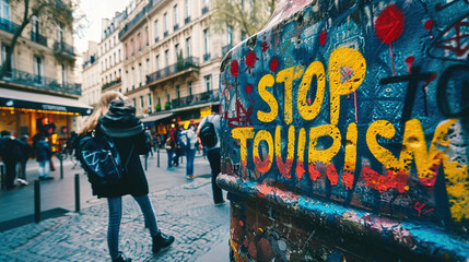 Stop tourism graffiti on a wall in a european city. Anti tourism concept