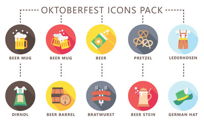 Wall Mural - Oktoberfest rounded multi color icons pack, includes traditional Bavarian elements like beer barrels, bratwurst, accordions, beer tents, Pretzels, lederhosen, dirndls and more. vector EPS 10.