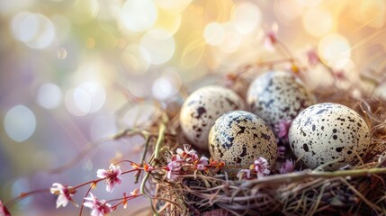 Easter nest featuring quail eggs with soft bokeh background for copy space