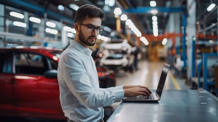 Aufkleber - A young engineer wearing glasses stands in a modern automotive factory, diligently typing on a laptop