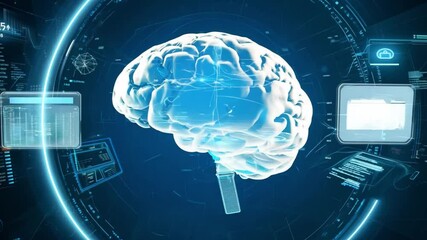 Poster - A digital rendering of a human brain appears as a holographic image, floating in a blue cyberspace environment.