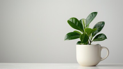 Wall Mural - Green foliage in a mug on white backdrop for design concept