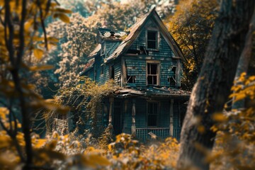 Aufkleber - Old abandoned house surrounded by trees and foliage