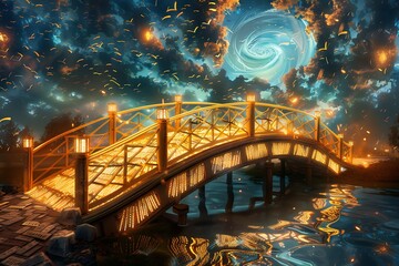 Wall Mural - A majestic bridge made of interlocking glowing books, spanning a river of illuminated text, the sky above filled with swirling clouds of words