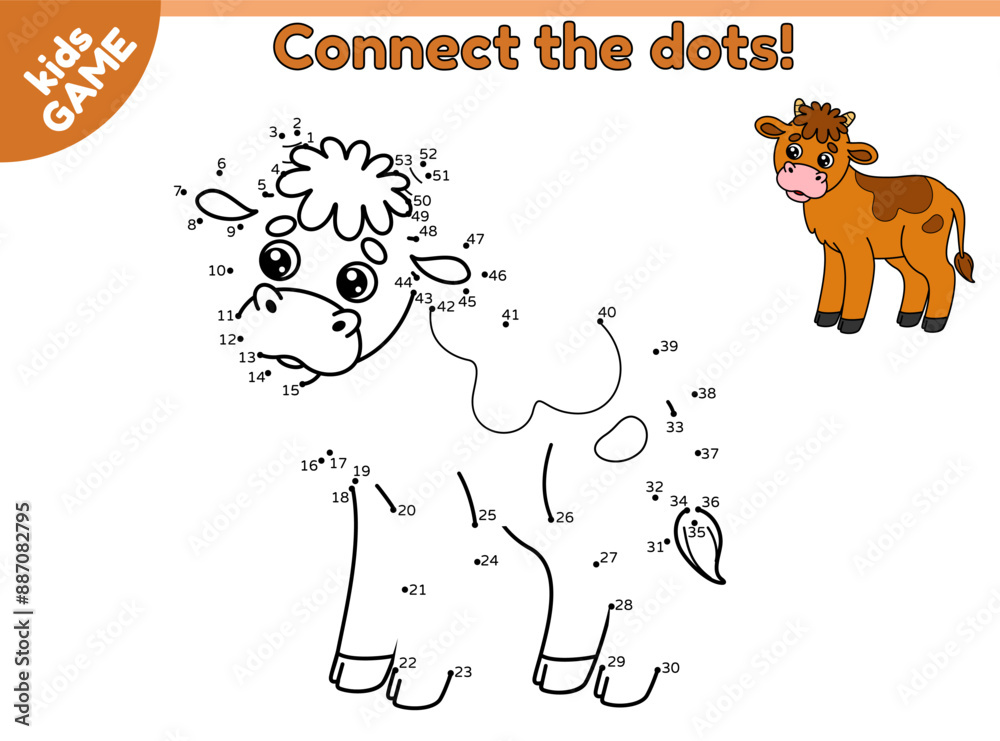 Dot to dot kids game with farm calf. Connect the dots by numbers, draw ...