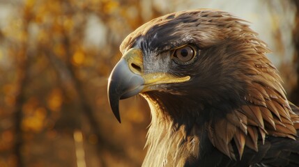 Poster - A close-up shot of a bird of prey perched on a tree branch, surrounded by foliage