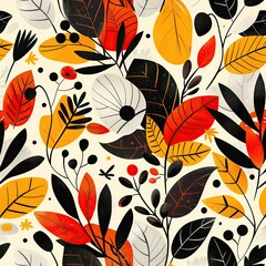 Wall Mural - Colorful Autumn Forest Floral Pattern Background, Plant Leaf Textile Art Backdrop, Nature Print Wallpaper, Cottagecore Tree Leaves Branches Wrapping Paper Design