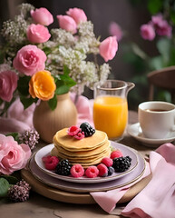 Canvas Print - breakfast with pancakes , orange juice  and fruits