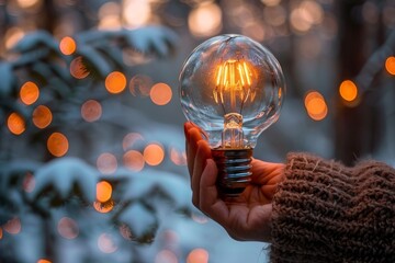 Sticker - Hand holding a glowing light bulb in a snowy outdoor setting, representing innovation and creativity in a winter landscape.