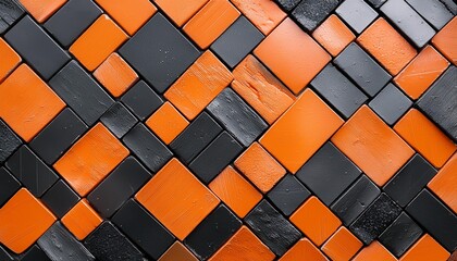 Wall Mural - a detailed view of a textured wall with a pattern of orange and black weathered squares