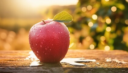 Wall Mural - close up red apple with water droplet on peel premium organic freshness farm product harvesting season with bright sunlight flare fruit with copy space background