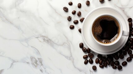 Sticker - Delicious coffee and beans on white marble table Popular morning drinks Food and macro concept Top view with text space Selective focus