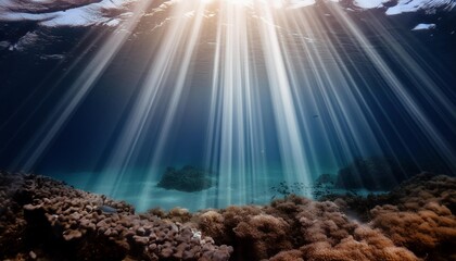 Wall Mural - ocean underwater rays of light background under blue water sunlight