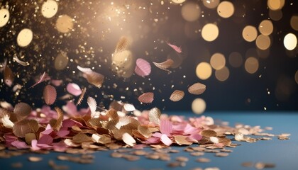 Poster - falling confetti on pastel background abstract background with pink and gold particle golden light shine particles bokeh on navy blue background celebration concept