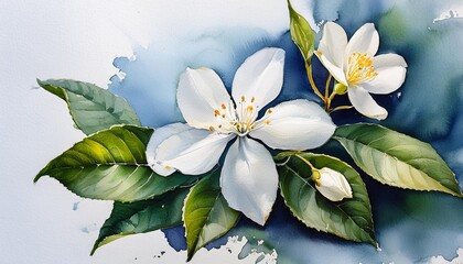 Wall Mural - close up of a jasmin flower with green leaves in watercolor