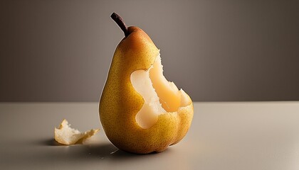 Wall Mural - simple photo of a bitten pear on a clean grey background