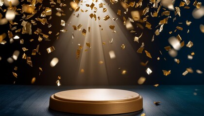 Wall Mural - golden confetti falling under a central light festive stage mockup for award ceremonies or product presentations generated with ai