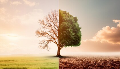 Wall Mural - concept of climate changing half dead and alive tree outdoors banner design