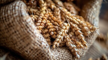 Poster - Close up of ripe wheat grains in a sack symbolizing abundance and farming