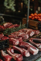 Poster - Fresh meat displayed on a counter with various cuts and types