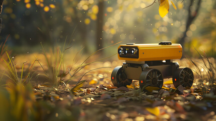 3d rendering of small yellow robot with four wheels, with two lights on the top and one camera in front, standing at autumn forest ground covered by fallen leaves
