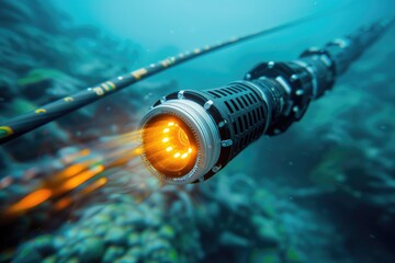 Aufkleber - A close-up of a fishing rod with a yellow light attached, suitable for use in outdoor or nature-themed contexts