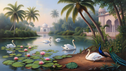 Wall Mural - Traditional Mughal Garden, arch peacock illustration for wallpaper. Mughal Garden, Water lily and swan in a beautiful lake illustration.