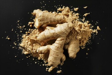 Poster - A close-up shot of a pile of ginger on a black surface