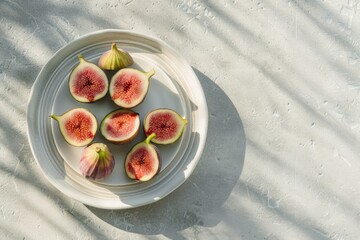 Poster - A still life image of a white plate topped with fresh figs, placed on a table