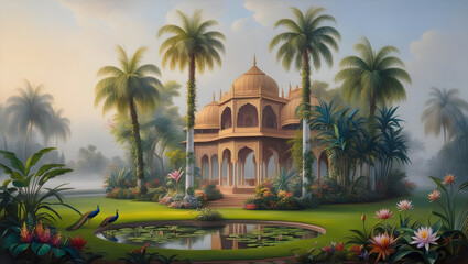 Mughal garden, arch, peacock, plant botanical landscape illustration. Modern Art, Prints, posters, wallpapers, murals background.