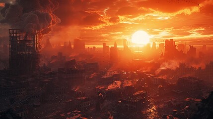 Wall Mural - the sun sets over an apocalyptic city with a skyline of crumbling buildings and widespread ruins, ca
