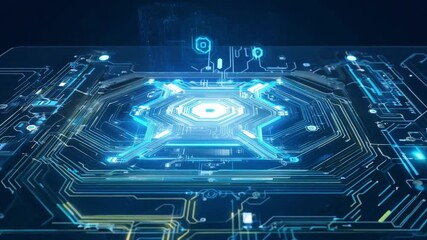 Poster - A futuristic, abstract illustration of a blue circuit board with a central hub glowing brightly.