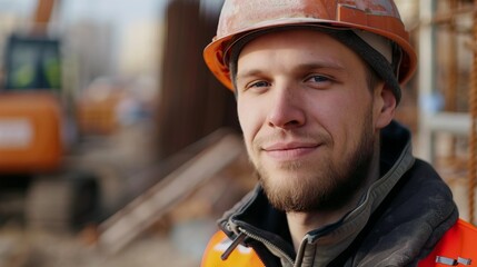 A confident construction worker wearing safety gear poses outdoors on a construction site, symbolizing hard work, resilience, and readiness under bright light.