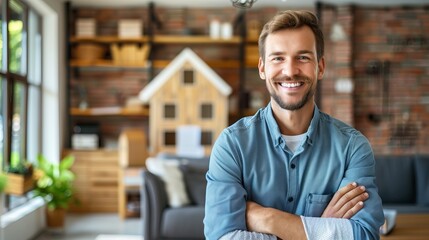 A man with a beard and smile stands confidently in a cozy, creatively decorated home office, with a large window and various decorative objects displayed on shelves.