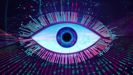 Poster - A large, glowing blue eye with a dark pupil is surrounded by a field of purple and blue lines, creating a futuristic, technology-driven aesthetic.