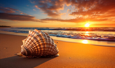 Wall Mural - Seashell on Sandy Beach at Sunset