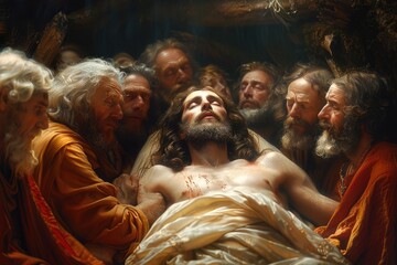 Solemn depiction: image of apostles mourn death of Jesus, capturing deep sorrow, grief of his followers, poignant and heartfelt representation of mourning and loss during this sacred moment