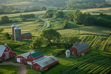 An overhead view of the Red Barn Farm and the American countryside. Farm fields