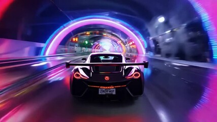 Aufkleber - A black sports car drives through a tunnel illuminated with colorful neon lights.